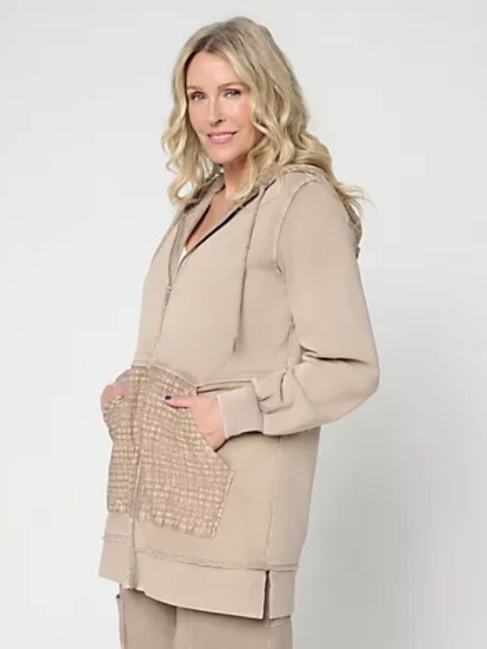 LOGO Lounge by Lori Goldstein Overdye Zip Front Hoodie, Cashew Sz 1X a718212